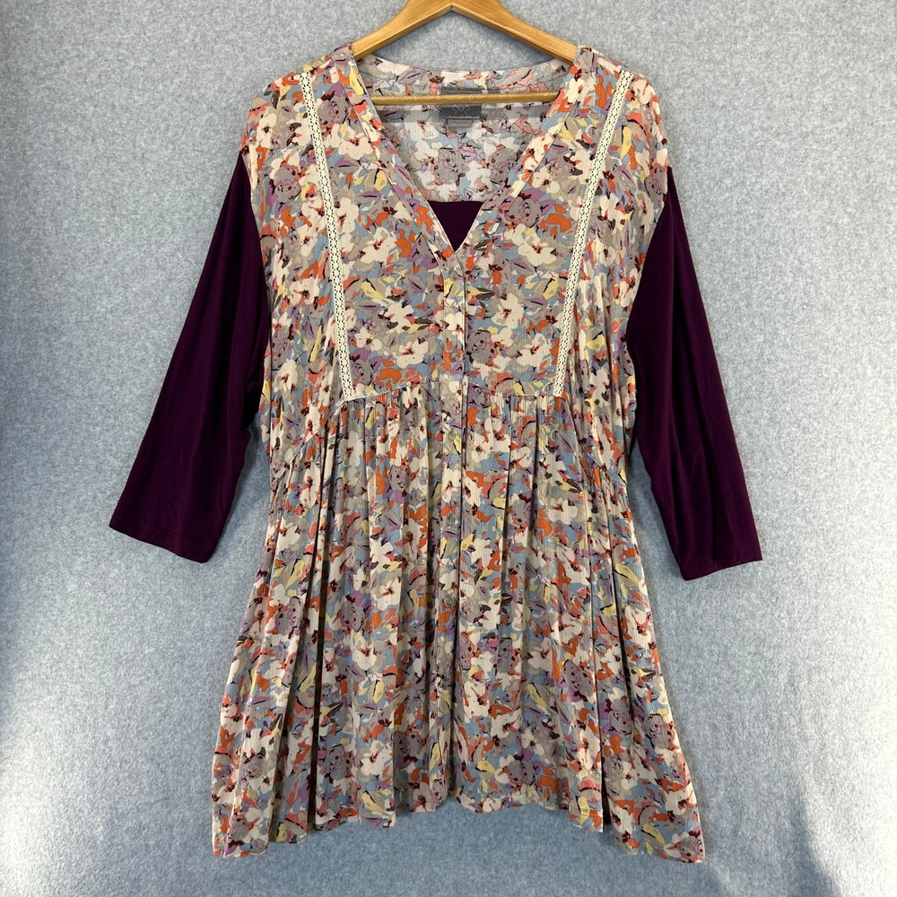 Vanessa Virginia Floral Print V Neck Tunic‎ Blouse Purple 3/4 Sleeve Large READ